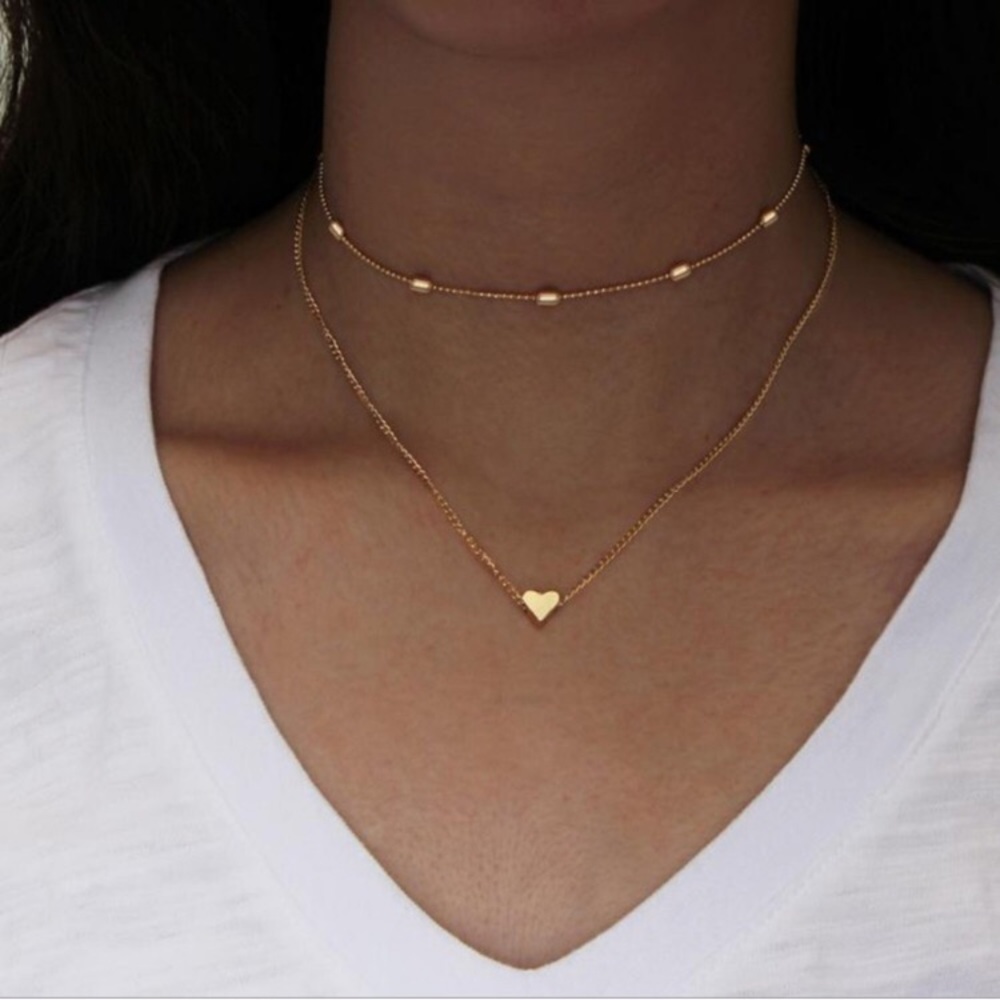 2 Layer Heart Chain Necklace Choker - Picture 3 of 3